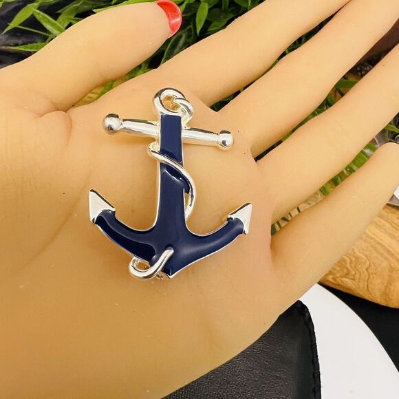 Danecraft Vintage 70's Navy Blue Silver Enamel Ship Anchor Brooch Nautical 1324 - Picture 3 of 8